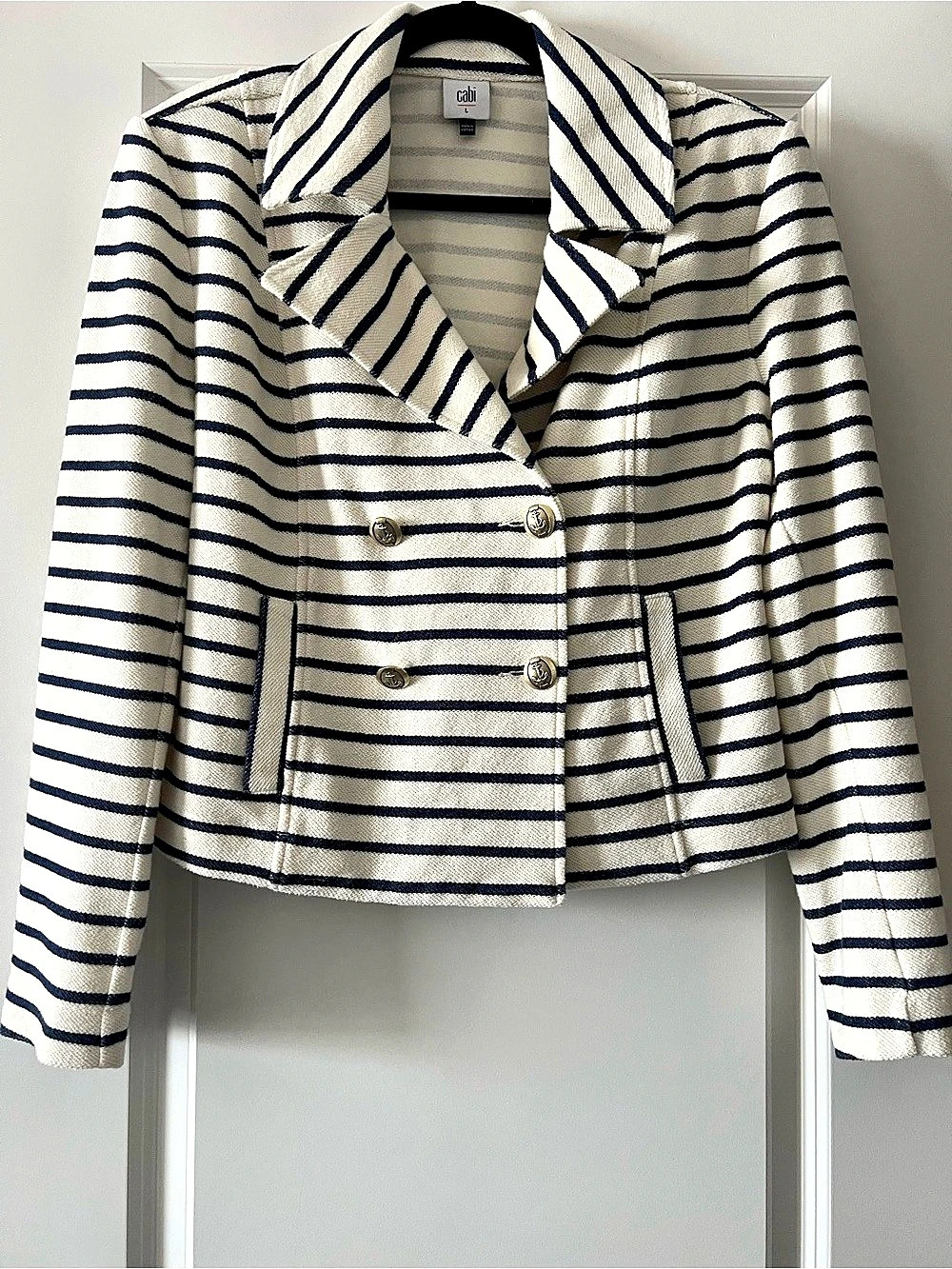 CAbi Even Keel Jacket Striped Cotton Knit Jacket Size L Like New
